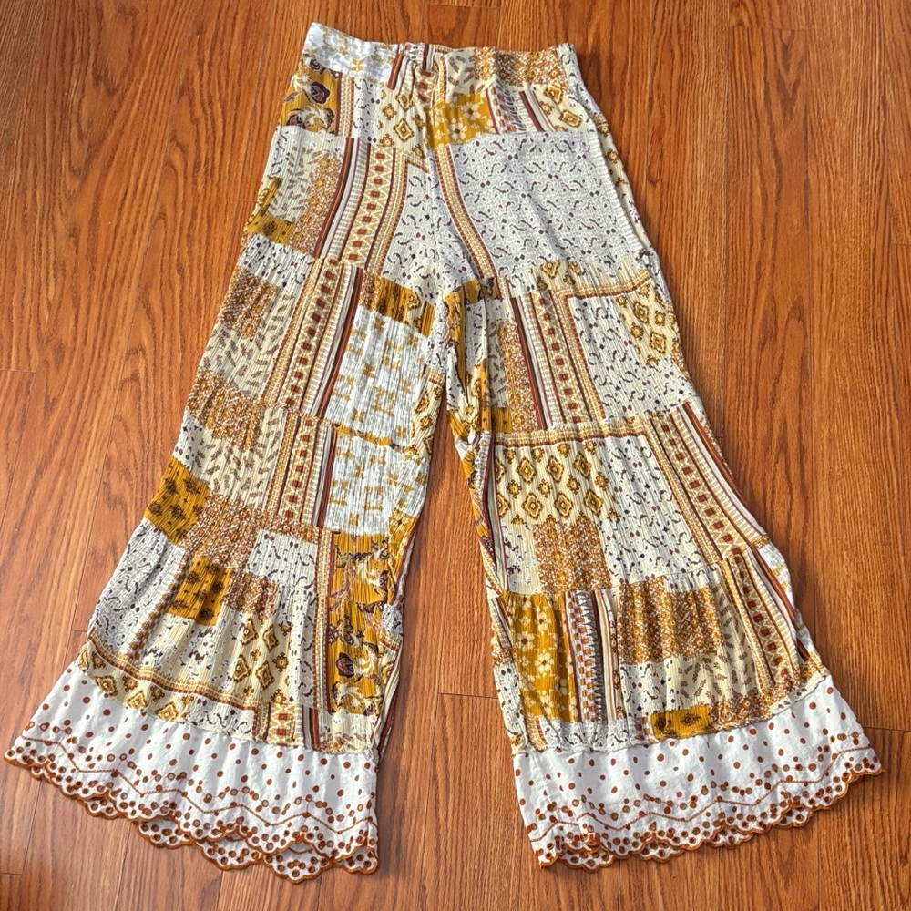 Easel Patchwork Wide Leg Pants - Yellow and Cream